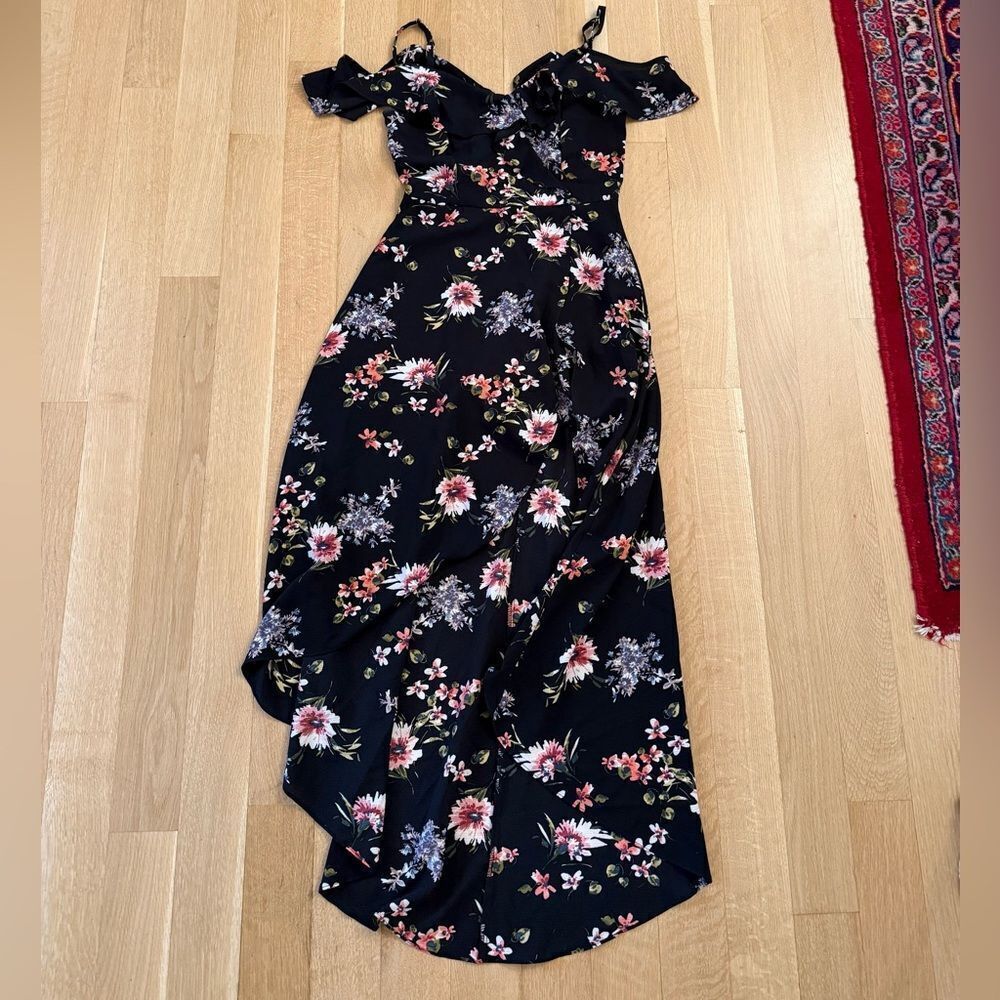 Iz Byer Black and Pink Asymmetrical Ruffled Sundress